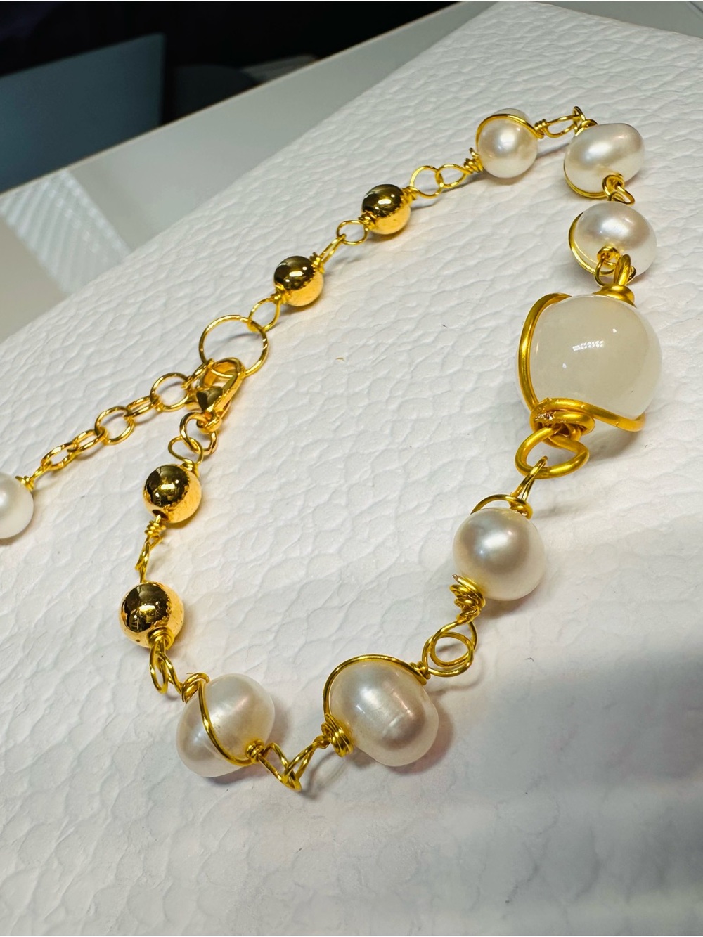 Gold wire & Pearl, Selenite Bracelet
